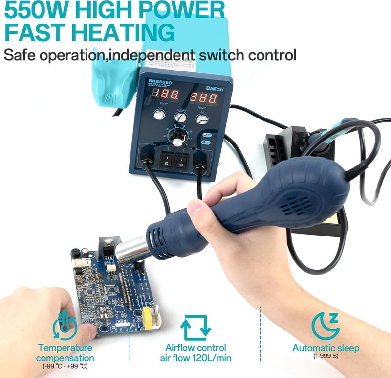 BAKON BK8586D Soldering Station 2-In-1 SMD Hot Air Rework Station,Solder Iron Station Kit for Electronics, 5 Soldering Tips, 2 Hot Air Nozzles,Tweezers, Solder Wire,Desoldering Pump,Solder Sucker - Image 5